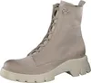 A side view of a beige lace-up boot with a thick sole.