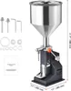 A manual filling machine with a stainless steel hopper and a dark gray base, shown with various accessories and a manual. Voir les images du produit