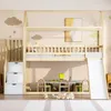 A wooden loft bed with a slide and storage stairs, set up in a child's room with toys and wall decorations. Náhľad obrázku produktu
