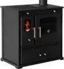 A black wood-burning stove with a glass-fronted oven and a visible flame in the firebox. Produktbild-Vorschau