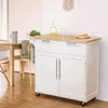 A white kitchen cart with a wooden countertop is shown in a dining area.