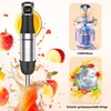 A collage of images showcasing a hand blender, its motor, and blades, surrounded by fruits and splashes of juice. Produktbild-Vorschau