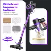 A collage of images showcasing a purple cordless vacuum cleaner and its features, with German text descriptions. Produktbild-Vorschau