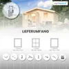 A marketing image for a garden house window, showing the house and various window components and accessories. Produktbild-Vorschau