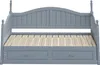 A gray daybed with wooden slats and two drawers underneath, shown from the front. Náhled obrázku produktu