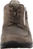 A close-up front view of a brown leather and textile sneaker. Produktbild-Vorschau