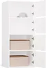 A white cabinet with open doors, showing shelves with a baseball cap and two storage baskets. Podgląd zdjęcia produktu