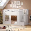 A white bunk bed with stairs is set up in a room with a Christmas tree and artwork on the wall. Produktbild-Vorschau