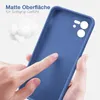 A hand is touching a blue phone case, with text describing its matte surface and soft grip. Produktbild-Vorschau