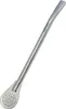 A silver metal straw with a perforated end, designed for drinking mate. Voir les images du produit