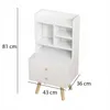 A white bedside table with shelves and two drawers, shown with dimensions indicated by text overlays. Podgląd zdjęcia produktu