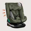 A green car seat with a black base, shown against a light beige background. Arrows indicate airflow on the side of the seat, and a close-up circle highlights the headrest padding. Podgląd zdjęcia produktu
