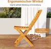 A wooden folding chair is shown on a wooden deck with a white curtain and greenery in the background. Text overlays highlight features. Náhled obrázku produktu