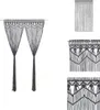 A black macrame curtain hanging from a rod, with detailed close-ups of the macrame pattern.