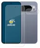 A product shot of a phone screen protector and camera lens protector, with a phone in the background. Produktbild-Vorschau
