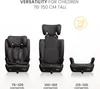 Three car seats of different sizes are displayed side-by-side, with text indicating their versatility for children of different heights. Produktbild-Vorschau