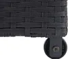 A close-up view of the bottom corner of a black poly-rattan storage box, showing the woven texture and a black wheel attached to the frame. Náhled obrázku produktu