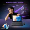 A woman is shown interacting with a tablet and keyboard setup, with graphics highlighting product features. Produktbild-Vorschau