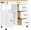 A white kitchen cart with a wooden top and drawers, shown from a slightly angled front view. Náhled obrázku produktu