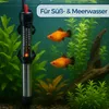 An aquarium heater is shown submerged in an aquarium with two small orange fish swimming nearby. The heater has a thermometer display and is surrounded by aquatic plants. Produktbild-Vorschau