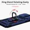 A close-up of a blue phone case with a rotating ring stand and a sliding camera cover. Produktbild-Vorschau