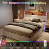 A modern bedroom with a white upholstered bed frame featuring LED lighting and storage. Produktbild-Vorschau