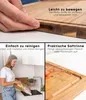 A collage of images showcasing a wooden cutting board's features, including its handles, cleaning process, and juice groove. Náhled obrázku produktu