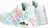 A pair of white Skechers sneakers with a colorful heart print. Produktbild-Vorschau