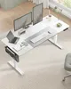 A modern standing desk setup with dual monitors, a laptop, keyboard, mouse, and desk accessories. Produktbild-Vorschau