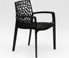 A black plastic chair with a patterned seat and backrest is shown against a white background. Produktbild-Vorschau