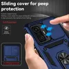 A hand is holding a blue phone case, demonstrating its sliding camera cover feature. Produktbild-Vorschau
