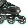 Close-up of the wheels and frame of a black and mint rollerblade. Voir les images du produit