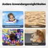 Collage of four images showing different uses for a dog pool: a child in a swimming pool, sand in a sandbox, a child in a ball pit, and a dog with puppies in a whelping box. Produktbild-Vorschau