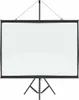 A white projection screen with a black frame is set up on a black tripod stand against a white background. Podgląd zdjęcia produktu