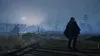 A person in a dark cloak stands on a wooden platform, looking out at a misty, desolate landscape with a faint moon or sun in the sky. Produktbild-Vorschau