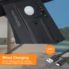Close-up of a solar light's charging port and sensor, with text overlays describing features and a USB-C cable. Produktbild-Vorschau