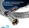 Close-up of a silver shower hose with a black connector and a German flag quality sticker. Produktbild-Vorschau