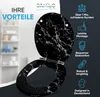 A toilet seat with a marble pattern is shown open, with marketing text and icons on the right side. Náhľad obrázku produktu