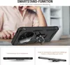 A person's hands are visible in the background, holding a black phone case with a ring stand. Produktbild-Vorschau