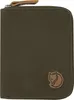 A dark olive green wallet with a brown leather logo.