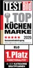 This image is a marketing graphic from TEST Bild, indicating a top kitchen brand award for 2026, with ELO receiving 1st place for functionality in the frying pan category. Produktbild-Vorschau