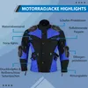 Motorradjacke in Blau, Vorderansicht. Mit Reiß- und Knopfverschluss, Protektoren für Schultern, Ellbogen, Arme, Brust und Rücken. Reflektierende Paspel, feine Nähte, atmungsaktives Gewebe und verstellbare Klettverschlüsse. Produktbild-Vorschau