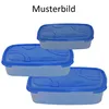 Three stacked rectangular food storage containers with blue lids. Produktbild-Vorschau