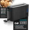 A black toaster with a bread roll attachment and marketing text. Anteprima dell’immagine prodotto