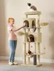 A woman is interacting with multiple cats on a large, multi-level cat tree. Produktbild-Vorschau