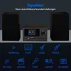 A micro audio system with two speakers, displaying equalizer settings with icons and text. Produktbild-Vorschau