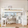 A white loft bed with a desk and shelves underneath, set in a bright, modern room. Produktbild-Vorschau