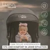 A baby sitting in a stroller with marketing text and icons. Náhled obrázku produktu