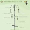 A diagram illustrating a bird feeding station with various feeders and trays attached to a central pole. Voir les images du produit