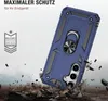 A blue phone case with a ring holder is shown in a dynamic, action-oriented scene, with debris flying around it, suggesting durability and protection. Produktbild-Vorschau